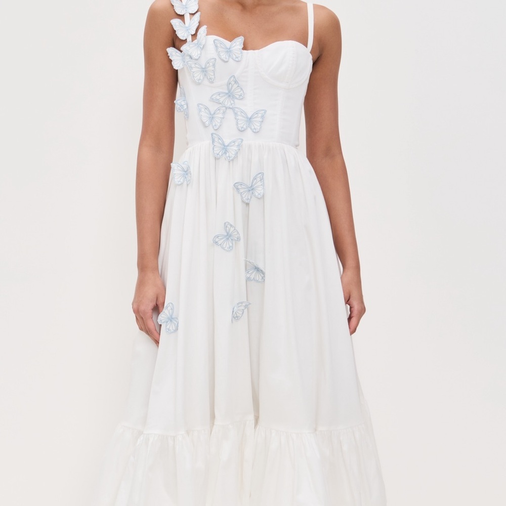 PatBO White Midi Dress with Blue Butterfly Details